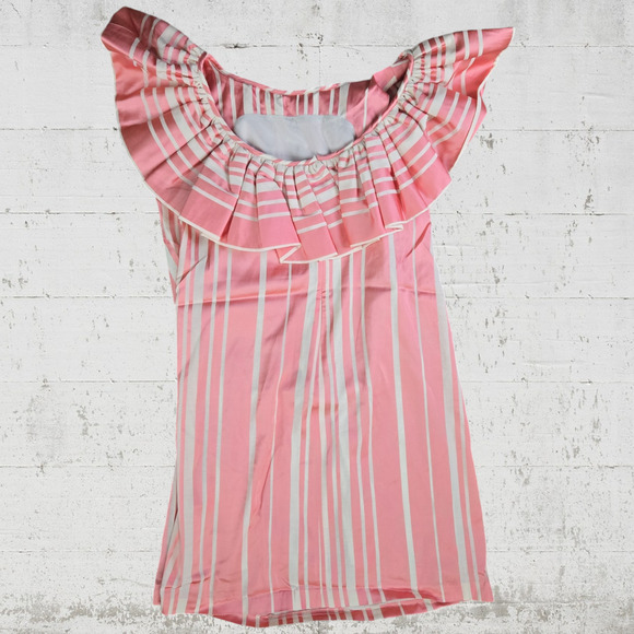 Trina Turk Pink White Striped Ruffle Neck Sleeveless Straight Mini Dress Size 10 - Picture 9 of 10